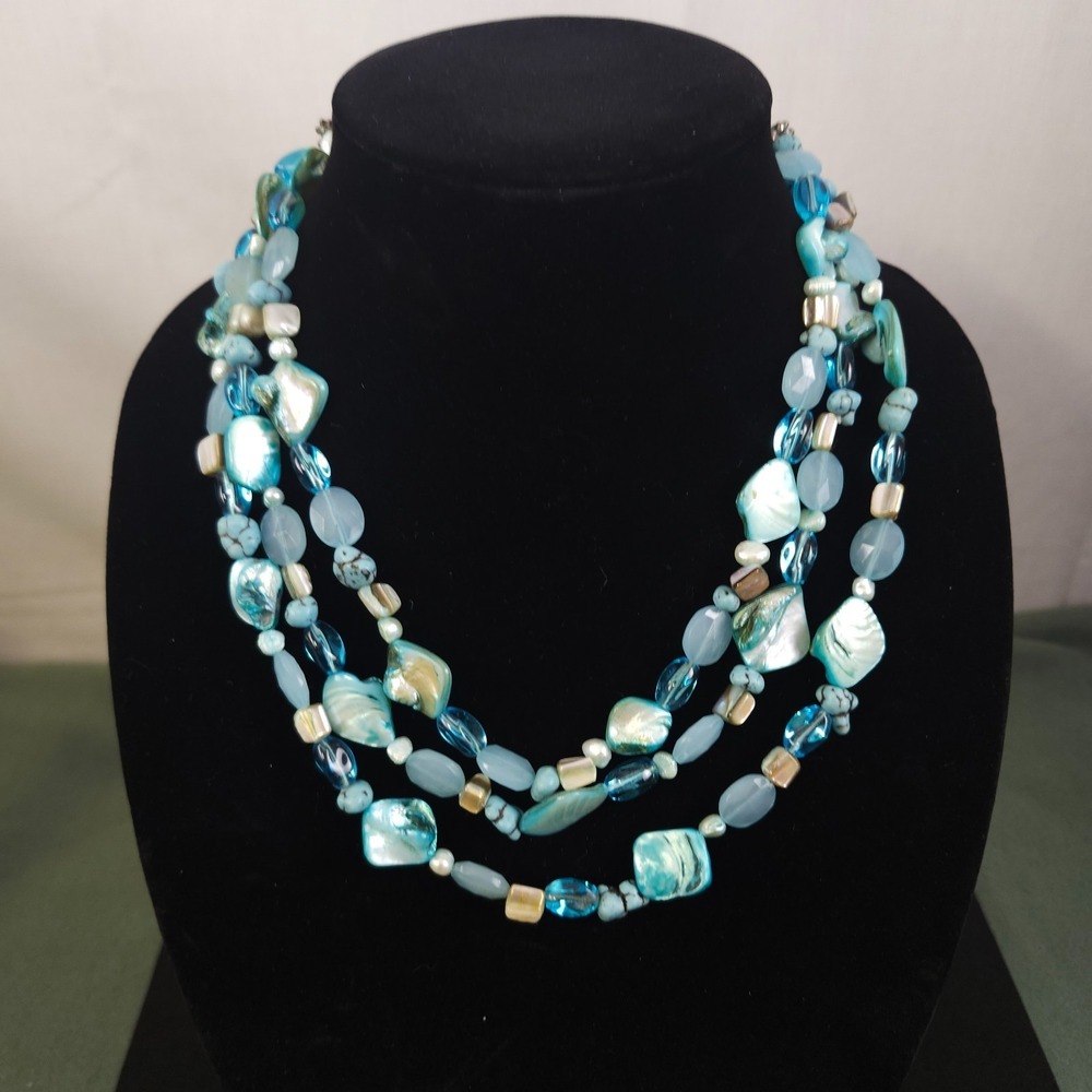Vintage Triple Strand Blue And Silver Chunky Beaded Necklace Earthy Ocean
